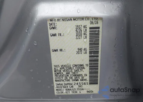 2016 Nissan Altima 2.5/2.5 S/2.5 Sl/2.5 Sr/2.5 Sv из США, поврежденный, VIN 1N4AL3AP0GC245565